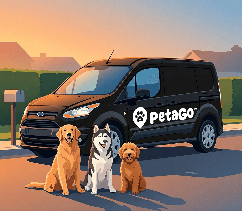 A pet parent handing off their dog to a PetaGo driver at the curb.