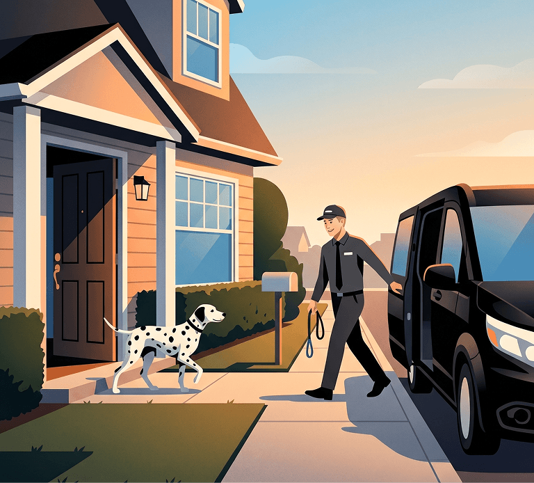 A dalmatian stepping out the front door, ready for pickup.