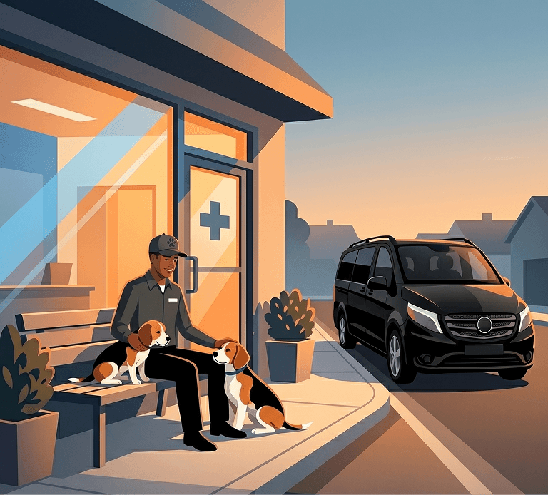 PetaGo driver waiting with a golden retriever at a vet clinic.